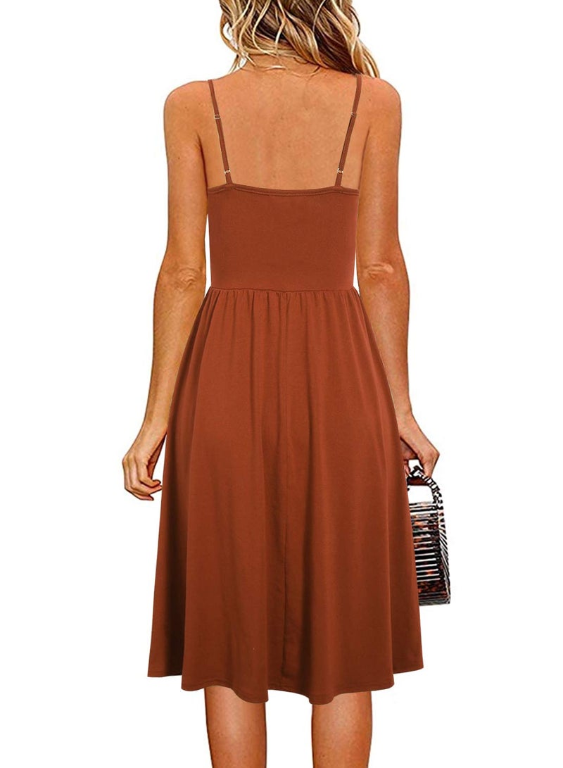 YATHON Casual Dresses for Women Sleeveless Cotton Summer Beach Dress A Line Spaghetti Strap Sundresses with Pockets 2025(XL, YT090-Brown) - Image 2